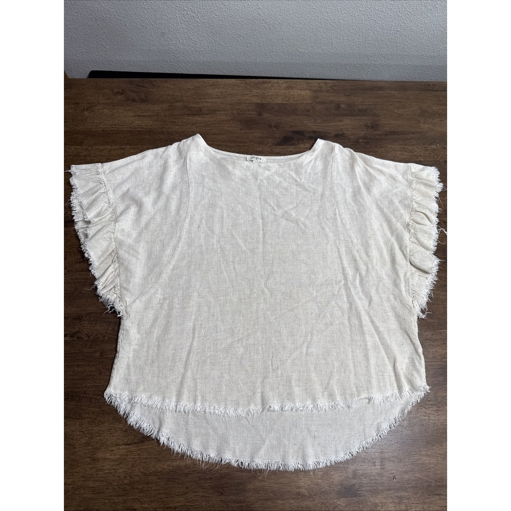 Umgee Ivory Linen Blend Frayed Hem Short Sleeve Blouse Top Medium Boho Western